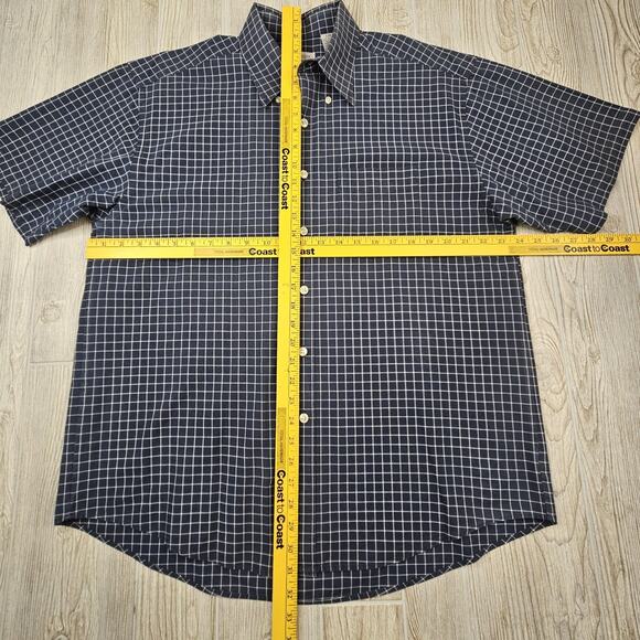 Van Heusen Shirt Mens Large Navy Blue White Grid Check Short Sleeve Button Up - Picture 2 of 6